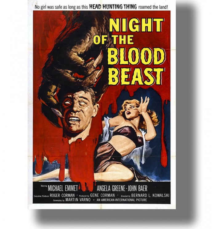 Vintage movie poster with a monstrous claw holding a severed head beside a frightened woman against a red background.