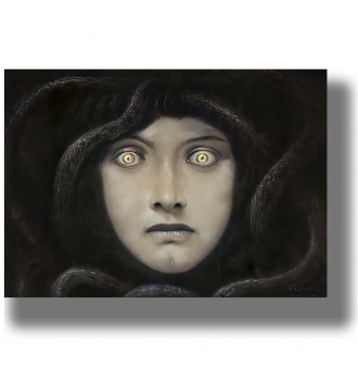 Dark portrait of Medusa’s face with glowing eyes and shadowy snake hair on a black background.