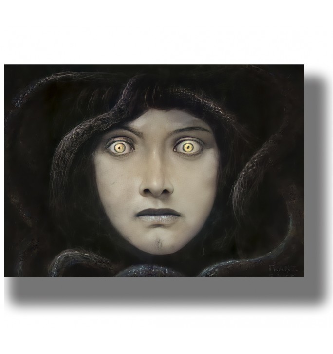 Dark portrait of Medusa’s face with glowing eyes and shadowy snake hair on a black background.