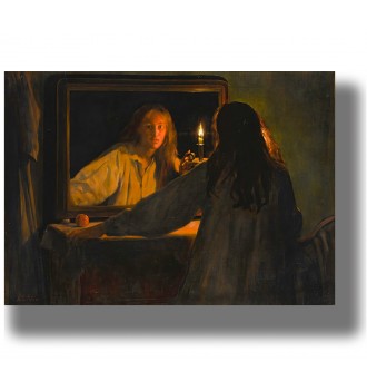 Haunted mirror scene with a candle and a woman in a shadowy room