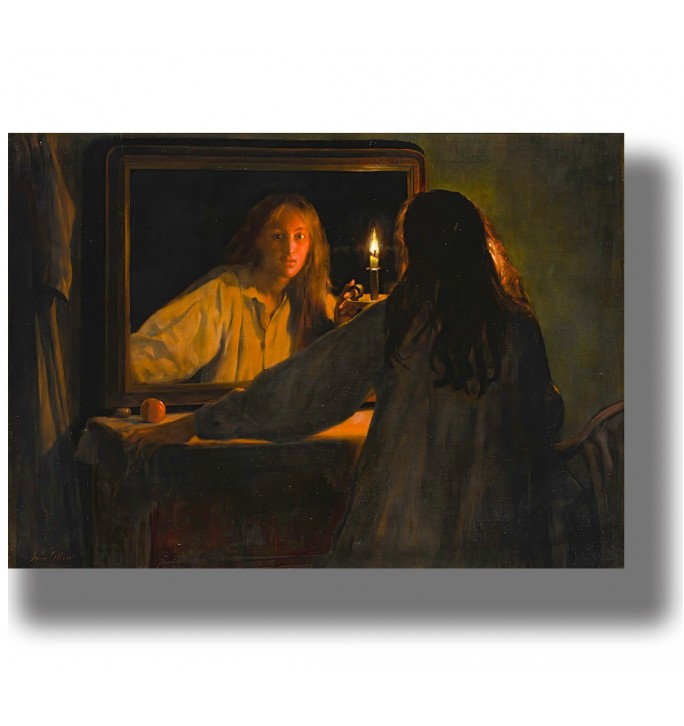 Haunted mirror scene with a candle and a woman in a shadowy room
