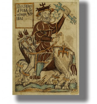 Medieval style image of Odin on Sleipnir from an old Norse manuscript