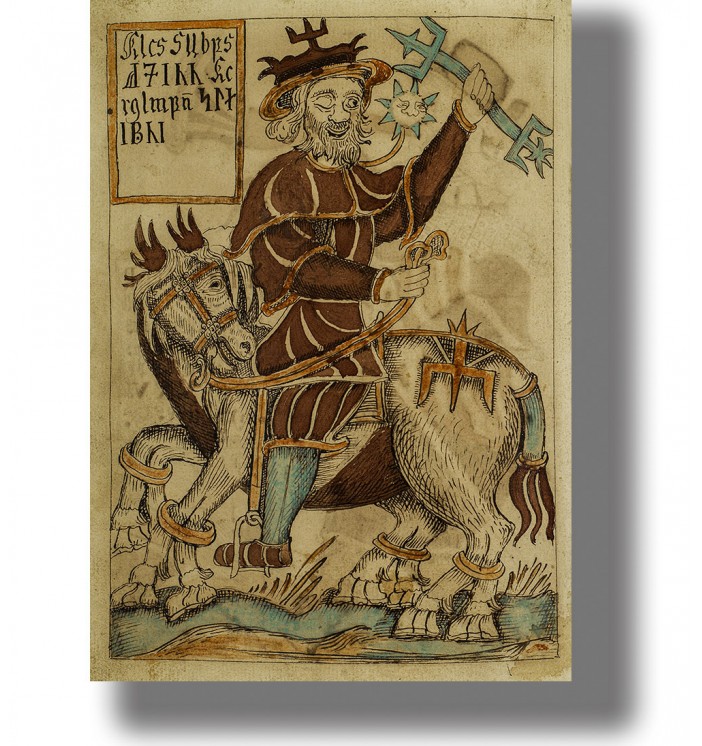Medieval style image of Odin on Sleipnir from an old Norse manuscript