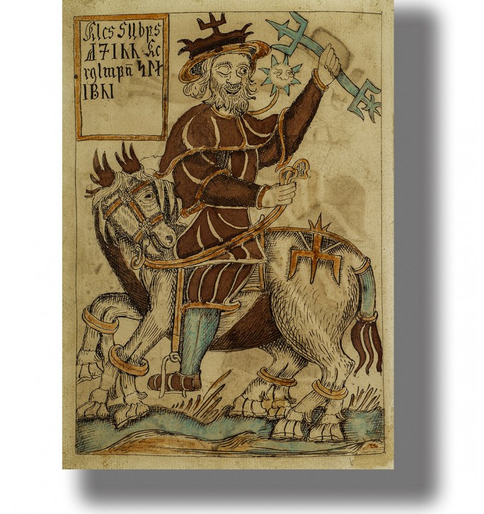 Medieval style image of Odin on Sleipnir from an old Norse manuscript