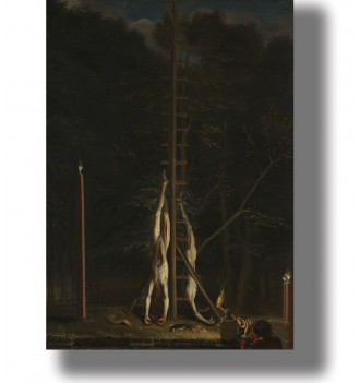 Dark historical painting of the De Witt brothers hanging in a night scene.