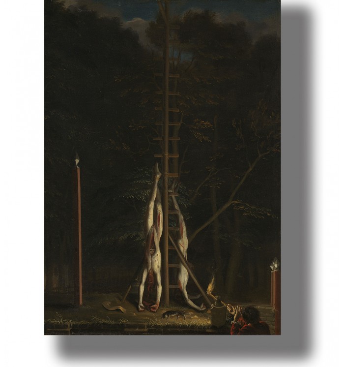 Dark historical painting of the De Witt brothers hanging in a night scene.