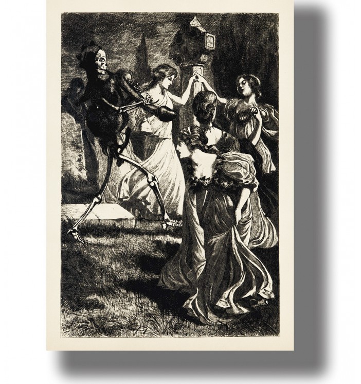 Dark vintage illustration of a skeleton playing a phallic flute while three women dance in a cemetery at night.