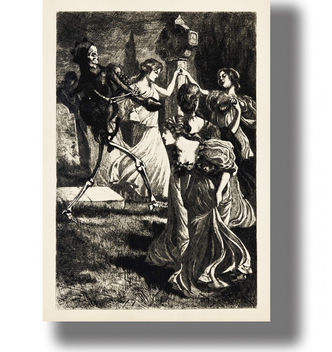 Dark vintage illustration of a skeleton playing a phallic flute while three women dance in a cemetery at night.