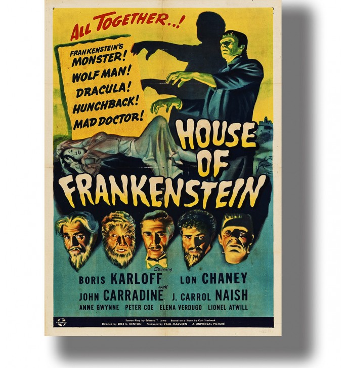 Vintage poster for House of Frankenstein with Frankenstein’s monster, Wolf Man, Dracula, and other horror figures.