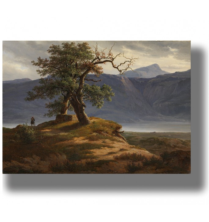 Landscape painting with a large tree on a hill, a person standing nearby, a lake and mountains under a cloudy sky