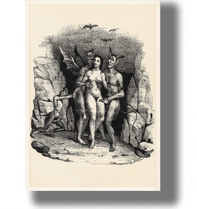 Black and white French illustration showing a nude woman with demons in an erotic hell scene.