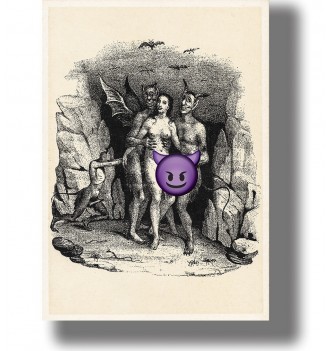 Black and white French illustration showing a nude woman with demons in an erotic hell scene.