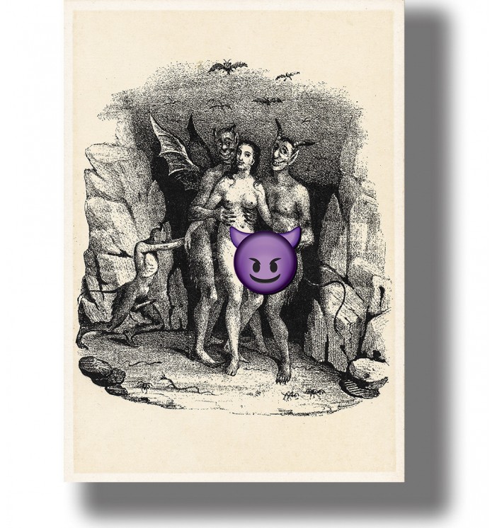 Black and white French illustration showing a nude woman with demons in an erotic hell scene.
