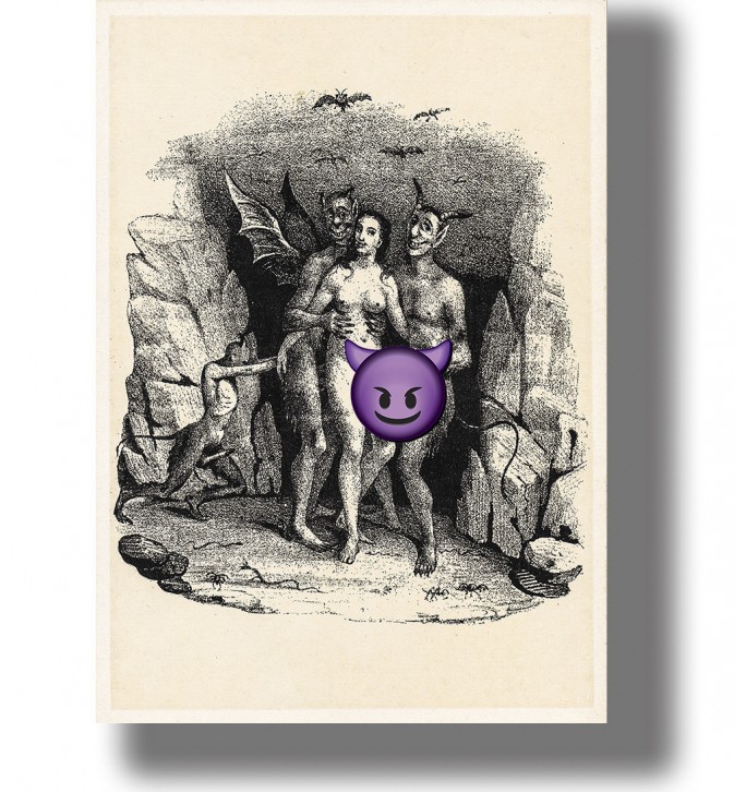 Black and white French illustration showing a nude woman with demons in an erotic hell scene.
