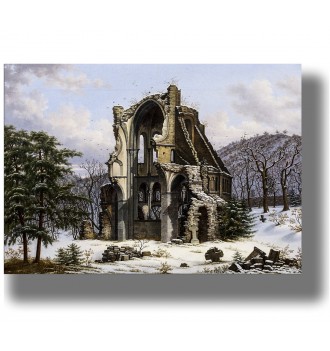 Snow-covered ruins of a gothic monastery surrounded by trees, with broken arches and old gravestones in winter landscape.