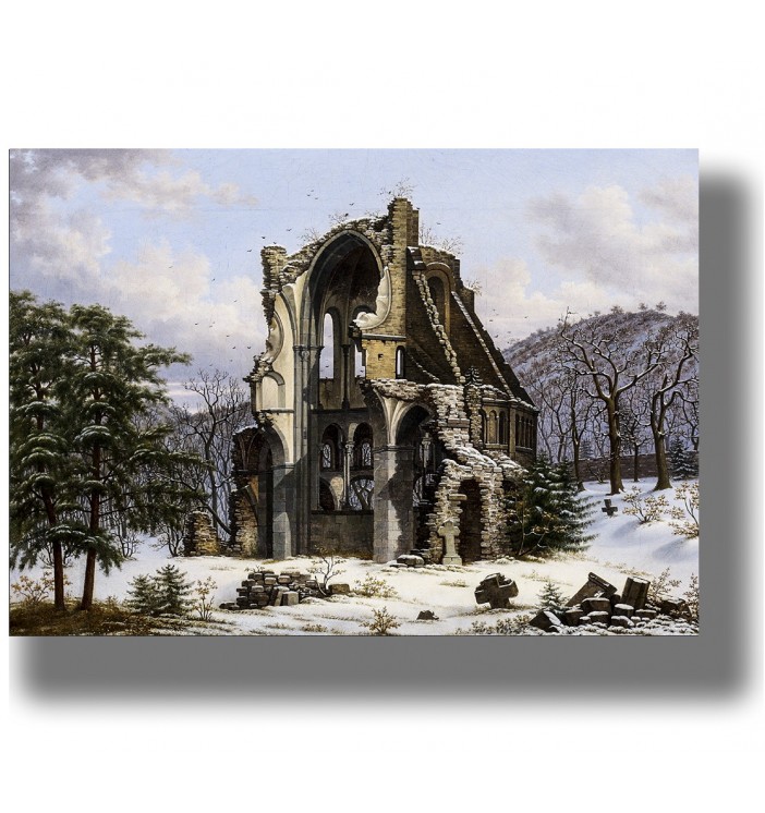 Snow-covered ruins of a gothic monastery surrounded by trees, with broken arches and old gravestones in winter landscape.