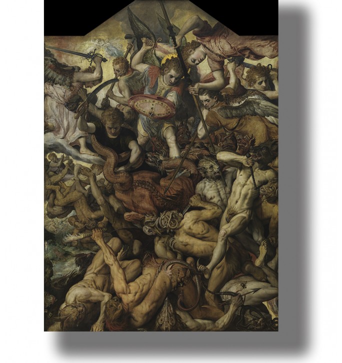 Renaissance painting with Archangel Michael leading angels against demons and fallen spirits.