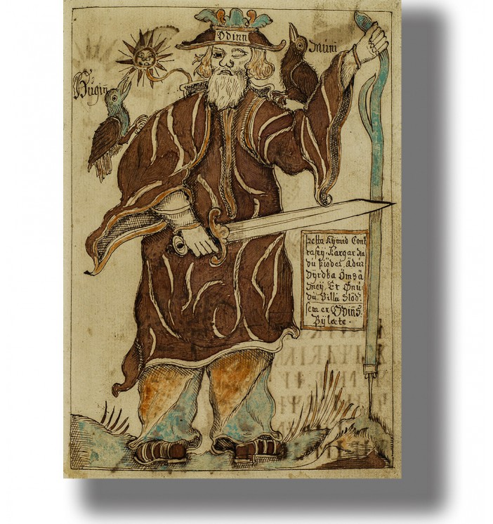 Odin with his ravens Huginn and Muninn in a dark Norse mythology illustration.