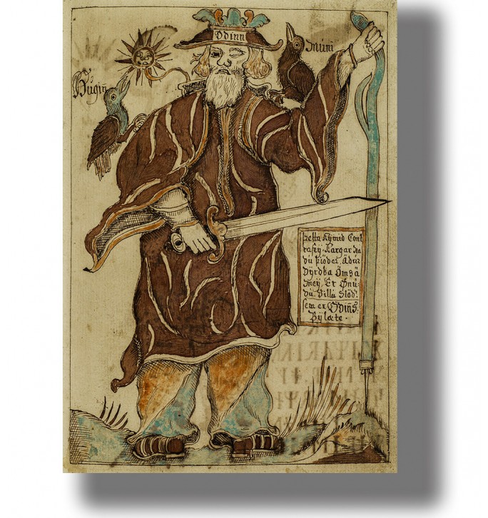 Odin with his ravens Huginn and Muninn in a dark Norse mythology illustration.