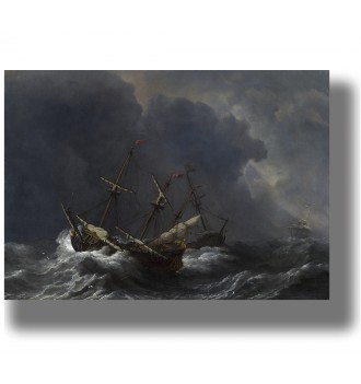 Three sailing ships in a stormy sea with large waves and dark clouds in the sky.