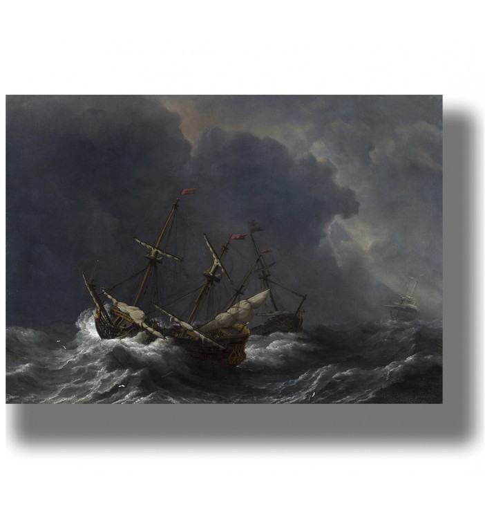 Three sailing ships in a stormy sea with large waves and dark clouds in the sky.