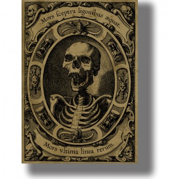 Human skeleton surrounded by skulls and Latin inscriptions in an ornate antique memento mori engraving.