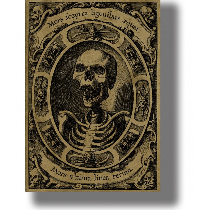 Human skeleton surrounded by skulls and Latin inscriptions in an ornate antique memento mori engraving.