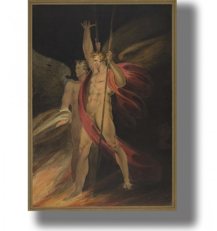 Classical painting showing Lucifer with large wings, a red drapery, and rebellious angels behind him.