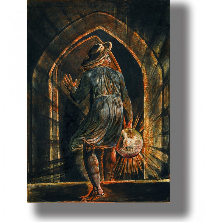 Mystical figure of Los entering a shadowy arched grave while holding a glowing sun against the darkness.