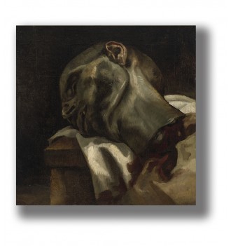 Painting of a guillotined man’s head lying on folded white cloth against a dark background.