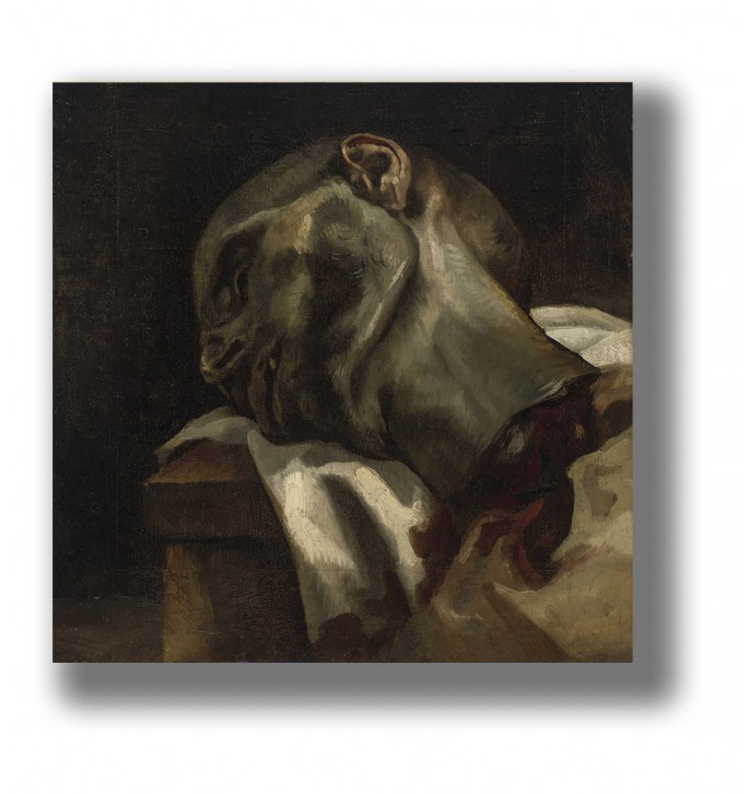 Painting of a guillotined man’s head lying on folded white cloth against a dark background.