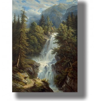 Romantic alpine landscape with a tall waterfall in the mountains, green forest trees and small goats near the rocks.