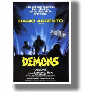 Vintage Demons movie poster with three dark figures with glowing eyes against a blue background and yellow title lettering.