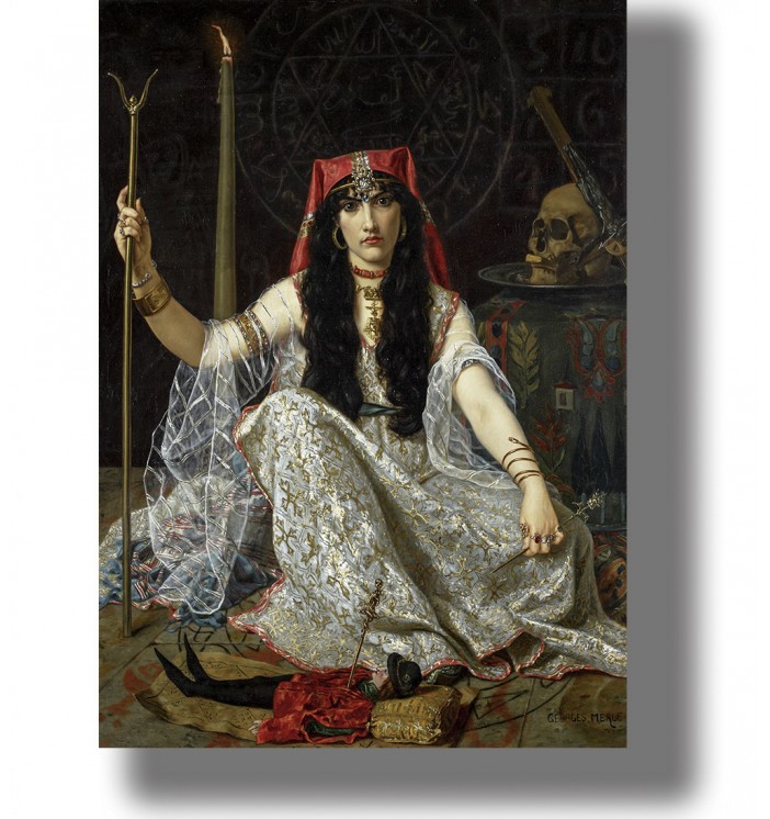 Painting of a sorceress sitting in a magic circle with a candle, staff, skull, and ritual objects.