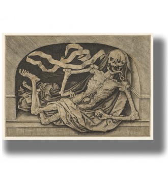 Old macabre engraving showing a human skeleton in a tomb with burial cloth around the body.
