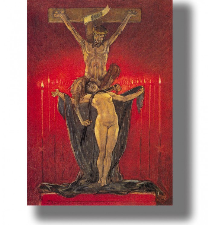 Dark symbolist image of a nude woman and crucifix in a red ceremonial setting.