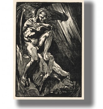 Black and white illustration of Lucifer as a rebellious angel with large wings and a dramatic pose.