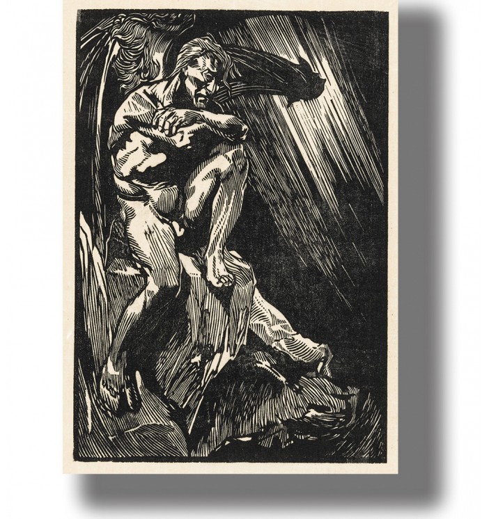 Black and white illustration of Lucifer as a rebellious angel with large wings and a dramatic pose.