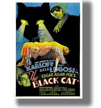 Classic movie poster showing a giant black cat, a woman in yellow, and portraits of Karloff and Lugosi.
