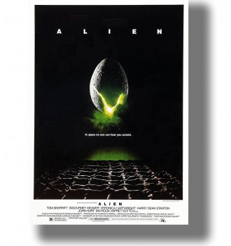 Classic Alien movie poster with a glowing cracked egg floating above a dark alien landscape on a black background.