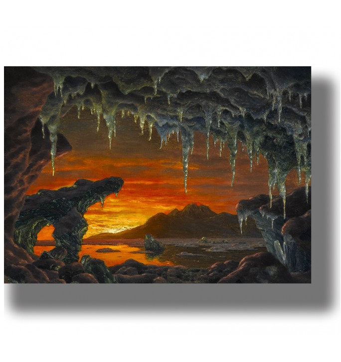 Painting of an icy cave with hanging icicles and a bright red sunset over the sea.