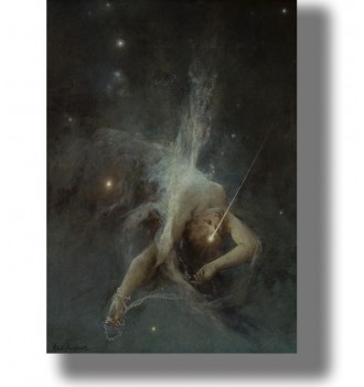 Symbolist painting of Lucifer as the Morning Star, surrounded by darkness, mist, and small stars.