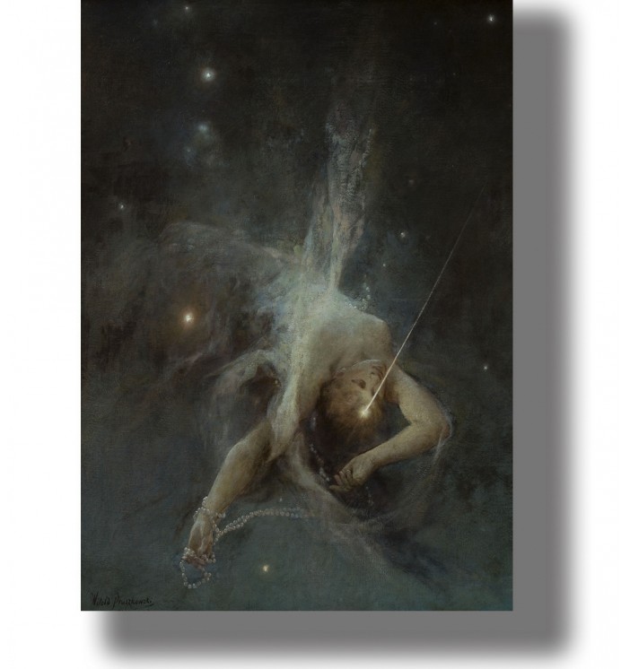 Symbolist painting of Lucifer as the Morning Star, surrounded by darkness, mist, and small stars.