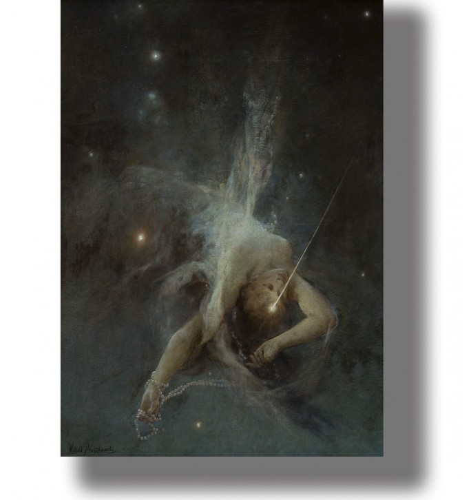 Symbolist painting of Lucifer as the Morning Star, surrounded by darkness, mist, and small stars.