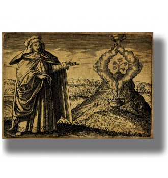 Old engraving showing Maria the Jewess pointing toward an alchemical vessel with rising vapors and flowers inside.