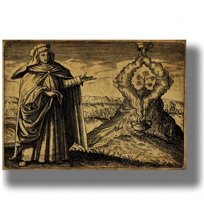 Old engraving showing Maria the Jewess pointing toward an alchemical vessel with rising vapors and flowers inside.
