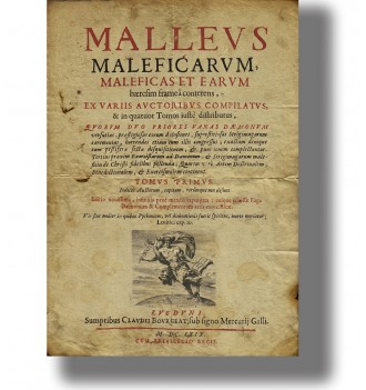 Antique title page of the Malleus Maleficarum in old printed style with worn paper and Latin text