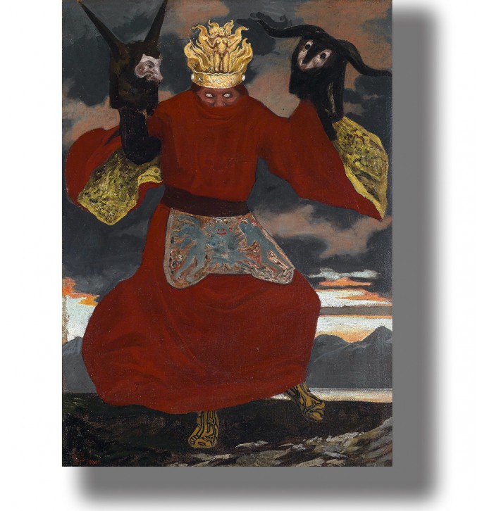 Shaman in a red robe holding two dark spirit masks, symbolic ritual painting.