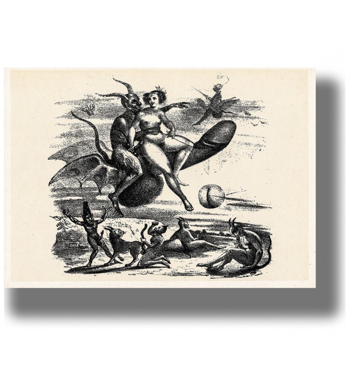 Black and white illustration showing a devil and a witch flying on a huge phallus, with small demons below.