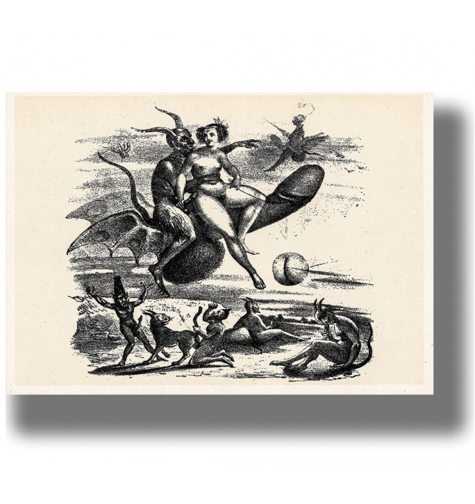 Black and white illustration showing a devil and a witch flying on a huge phallus, with small demons below.